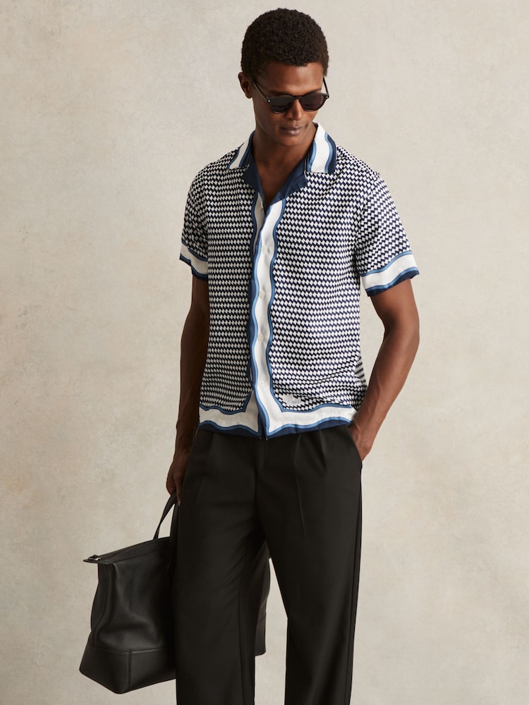 Reiss White/Navy Oe Vanpelt Geometric-Print Cuban-Collar Shirt - Image 1 of 5 Reiss White/Navy Oe Vanpelt Geometric-Print Cuban-Collar Shirt - Image 1 of 5