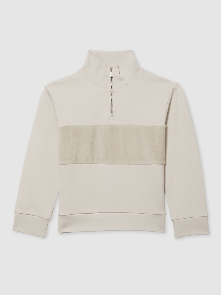 Taupe - Reiss Selin Slim Fit Half-Zip Funnel Neck Velour Sweatshirt - Image 2 of 4