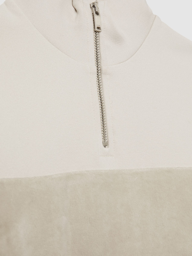 Taupe - Reiss Selin Slim Fit Half-Zip Funnel Neck Velour Sweatshirt - Image 4 of 4