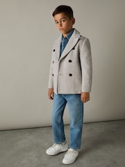Reiss Soft Grey Melange Bergamo 9-13 yrs Wool-Blend Twill Double-Breasted Coat - Image 3 of 4