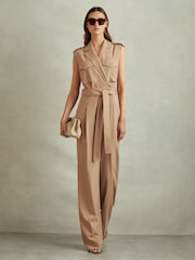 Reiss Stone Luisa Wool Blend Double Breasted Belted Jumpsuit - Image 1 of 5