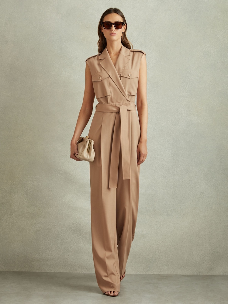 Reiss Stone Luisa Wool Blend Double Breasted Belted Jumpsuit - Image 1 of 5
