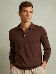Reiss Treacle Brown Trafford Merino Wool Polo Shirt - Image 1 of 5