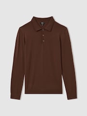 Reiss Treacle Brown Trafford Merino Wool Polo Shirt - Image 2 of 5