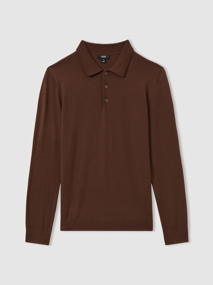Reiss Treacle Brown Trafford Merino Wool Polo Shirt - Image 2 of 5