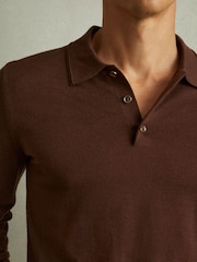 Reiss Treacle Brown Trafford Merino Wool Polo Shirt - Image 3 of 5