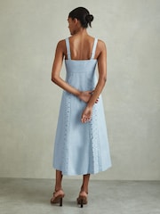 Reiss Blue Clarice Petite Linen Broderie Midi Dress - Image 1 of 6