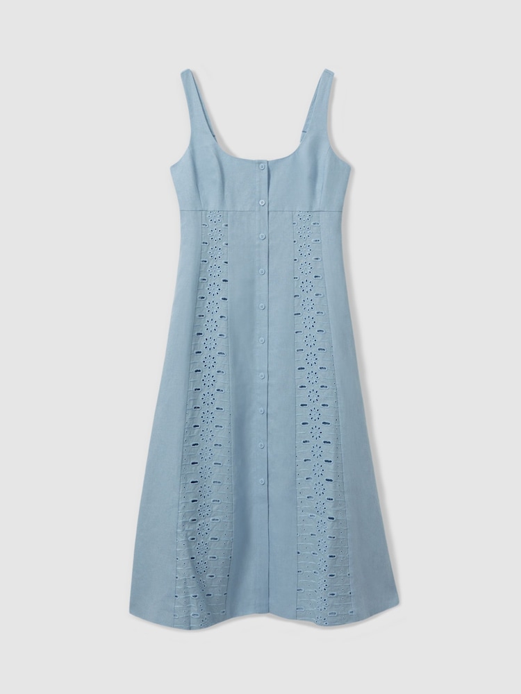 Reiss Blue Clarice Petite Linen Broderie Midi Dress - Image 2 of 6