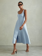 Reiss Blue Clarice Petite Linen Broderie Midi Dress - Image 3 of 6