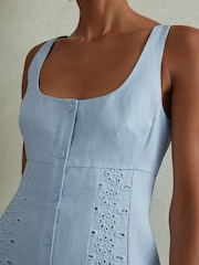Reiss Blue Clarice Petite Linen Broderie Midi Dress - Image 4 of 6