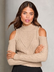 Lipsy Beige Cold Shoulder Cable Knitted Jumper - Image 1 of 4