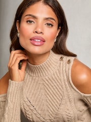 Lipsy Beige Cold Shoulder Cable Knitted Jumper - Image 2 of 4