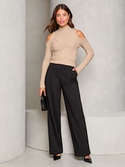 Lipsy Beige Cold Shoulder Cable Knitted Jumper - Image 3 of 4
