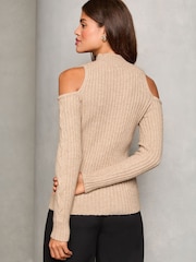 Lipsy Beige Cold Shoulder Cable Knitted Jumper - Image 4 of 4