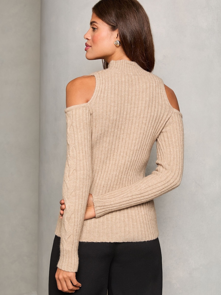 Lipsy Beige Cold Shoulder Cable Knitted Jumper - Image 4 of 4 Lipsy Beige Cold Shoulder Cable Knitted Jumper - Image 4 of 4