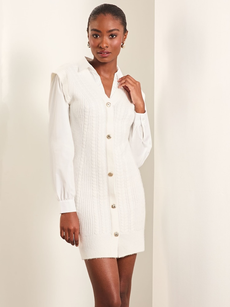 Lipsy White Cable Knitted Poplin Sleeve Dress - Image 1 of 4