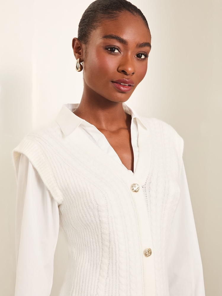 Lipsy White Cable Knitted Poplin Sleeve Dress - Image 2 of 4