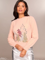 Lipsy Pink Chritsmas Tree Christmas Slogan Crew Neck Knitted Jumper - Image 1 of 4