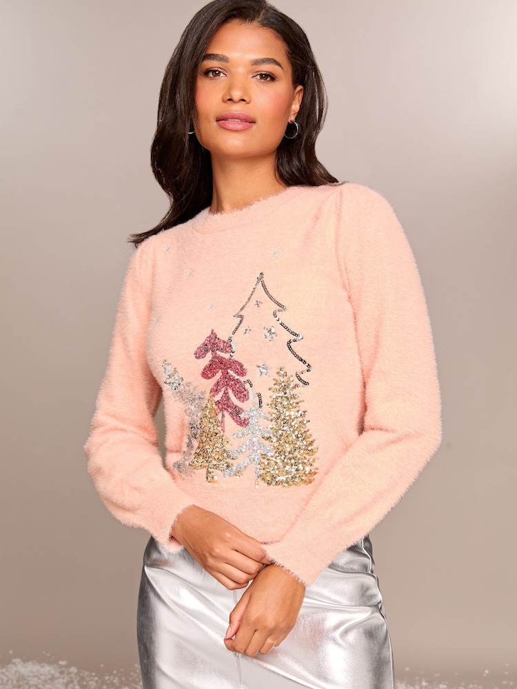 Lipsy Pink Chritsmas Tree Christmas Slogan Crew Neck Knitted Jumper - Image 1 of 4