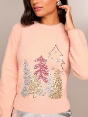 Lipsy Pink Chritsmas Tree Christmas Slogan Crew Neck Knitted Jumper - Image 2 of 4