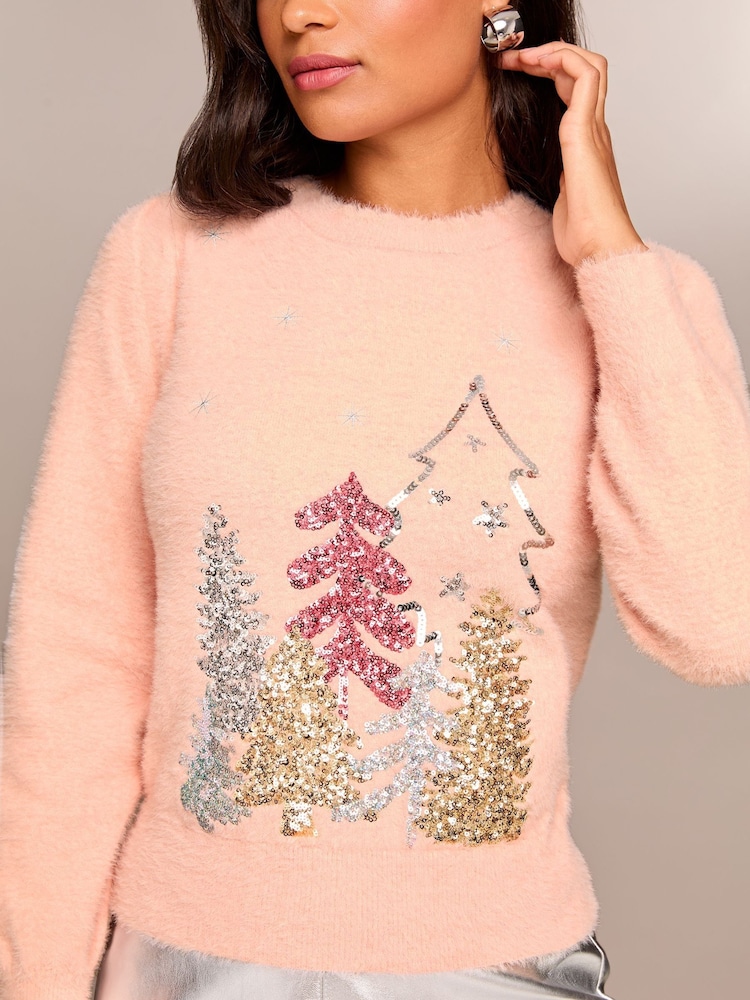 Lipsy Pink Chritsmas Tree Christmas Slogan Crew Neck Knitted Jumper - Image 2 of 4