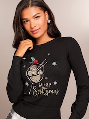 Черный Merry Spritzmas - Lipsy Рождественский слоган круглый вырез Вязаный джемпер - Image 2 of 4