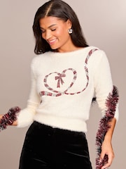 Lipsy Candy Cane Christmas Slogan Crew Neck Knitted Jumper - Image 1 of 4