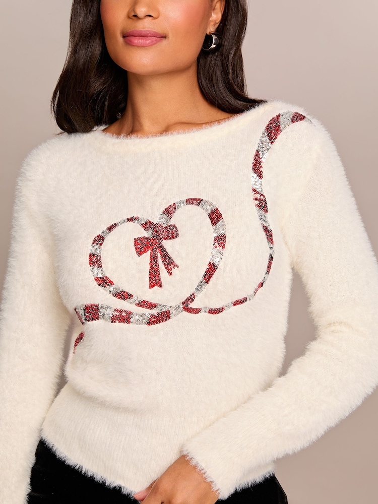 Lipsy Candy Cane Christmas Slogan Crew Neck Knitted Jumper - Image 2 of 4