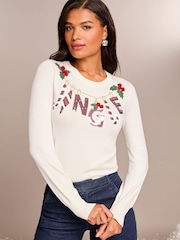 Lipsy Jingle Christmas Slogan Crew Neck Knitted Jumper - Image 1 of 4