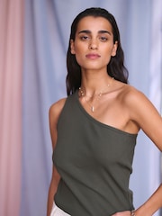 Kaffe Green Pia One Shoulder Rib Jersey Top - Image 1 of 5