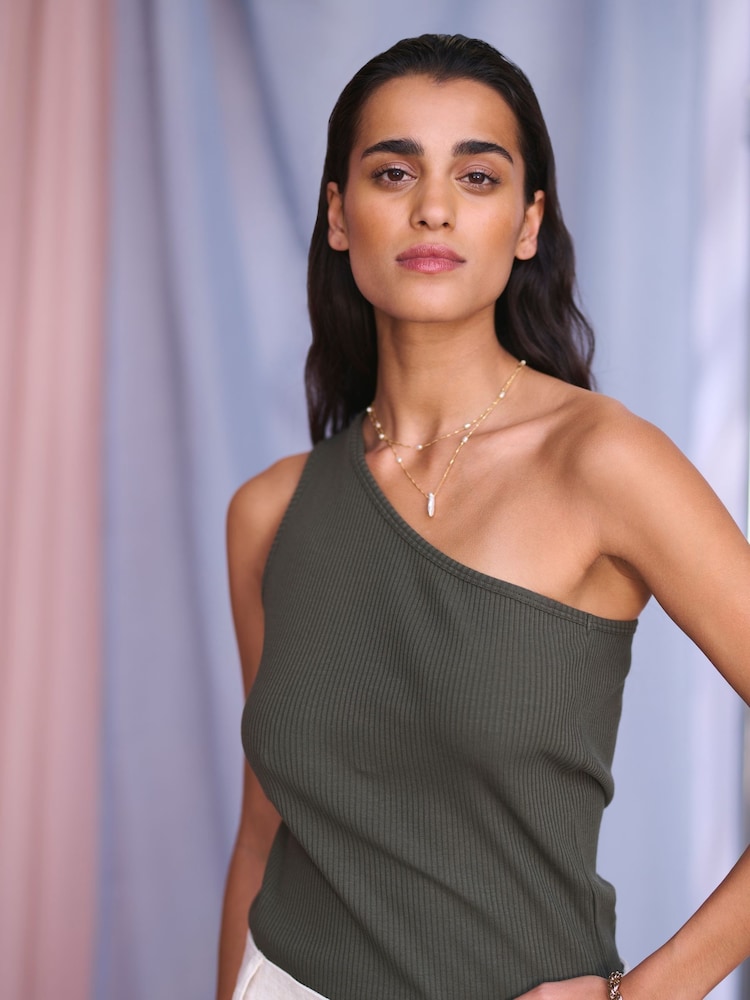 Kaffe Green Pia One Shoulder Rib Jersey Top - Image 1 of 5