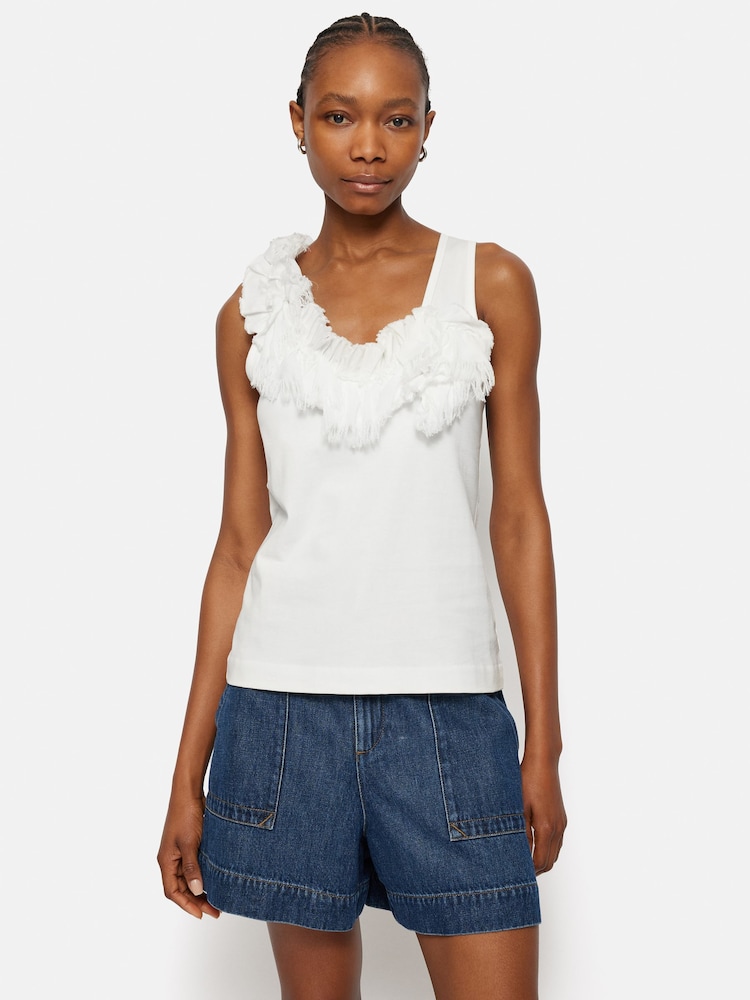 Jigsaw White Ruffle Trim Jersey Top - Image 1 of 5