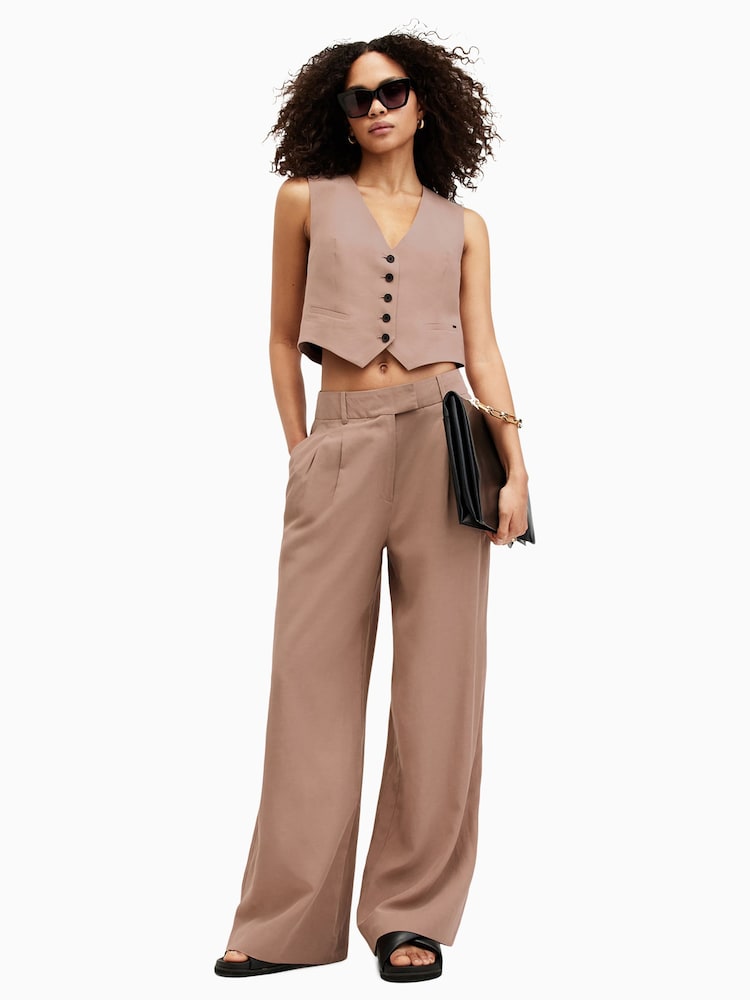 AllSaints Brown Deri Lyn Trousers With Linen - Image 1 of 6 AllSaints Brown Deri Lyn Trousers With Linen - Image 1 of 6