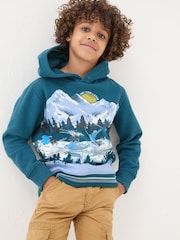 FatFace Dark Teal Blue Ski Mountain Popover Hoodie - Image 1 of 6
