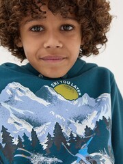 FatFace Dark Teal Blue Ski Mountain Popover Hoodie - Image 3 of 6