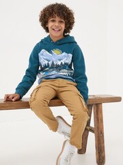 FatFace Dark Teal Blue Ski Mountain Popover Hoodie - Image 4 of 6