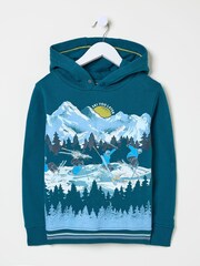 FatFace Dark Teal Blue Ski Mountain Popover Hoodie - Image 5 of 6