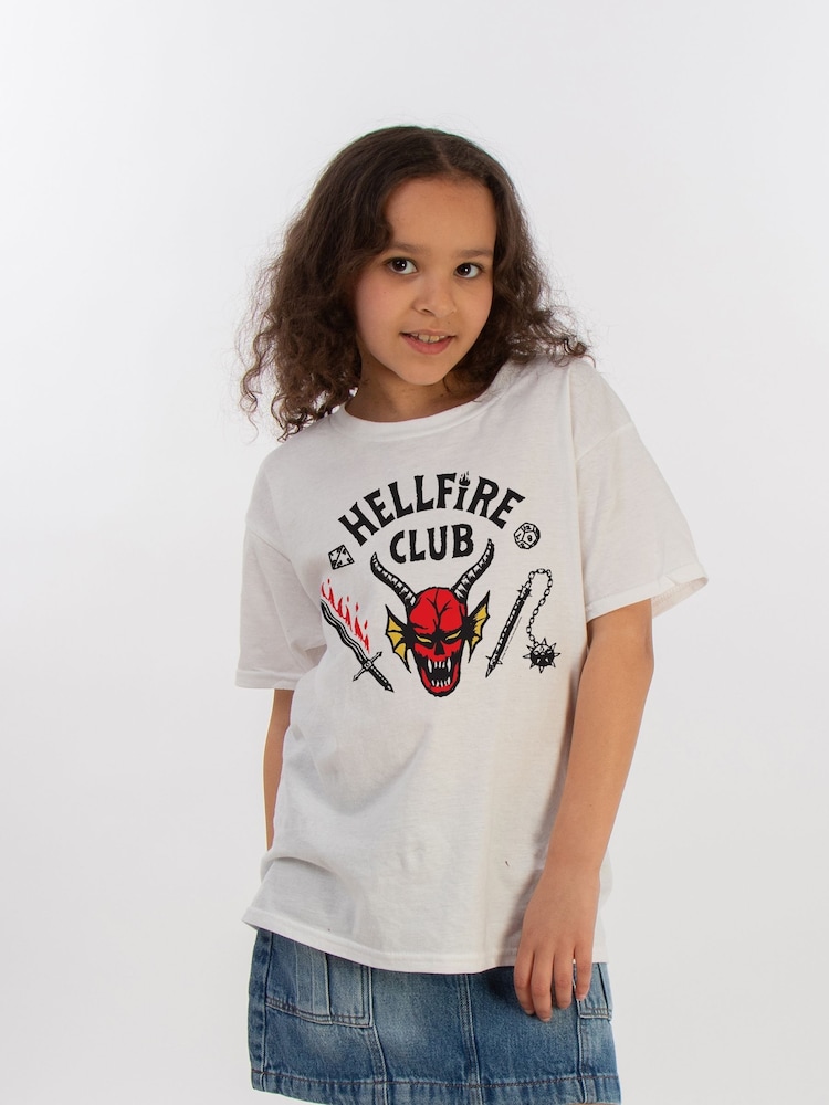 Brands In White Girls 100% Cotton Netflix Stranger Things Hellfire Club T-Shirt - Image 1 of 4