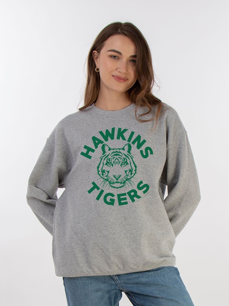 Brands In Grey Netflix Stranger Things Hawkins Tigers Women Heather Sweatshirt - Image 1 of 3