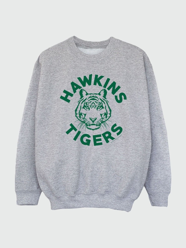 Brands In Grey Netflix Stranger Things Hawkins Tigers Women Heather Sweatshirt - Image 2 of 3