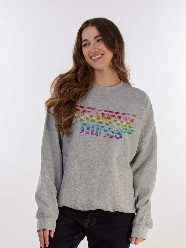 Brands In Grey Netflix Stranger Things Rainbow Dot Logo Women Heather Sweatshirt - Image 1 of 3