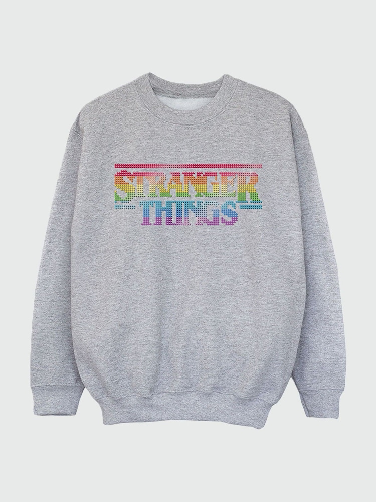 Brands In Grey Netflix Stranger Things Rainbow Dot Logo Women Heather Sweatshirt - Image 2 of 3
