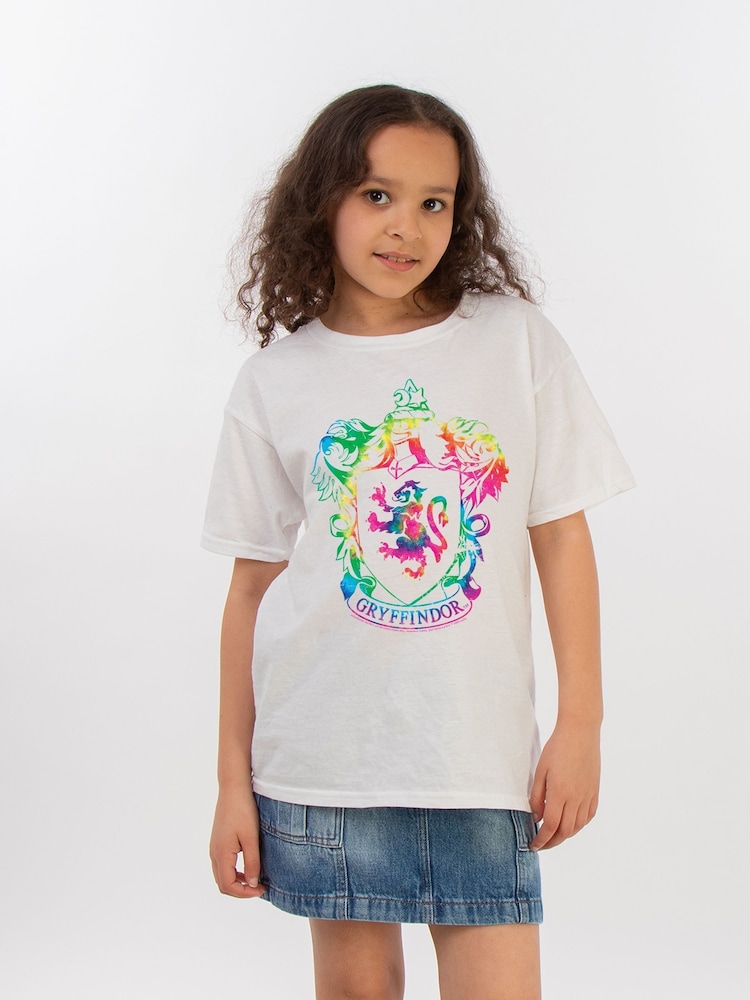 Brands In White 100% Cotton Harry Potter Gryffindor Crest Tie Dye Infill Girls T-Shirt - Image 1 of 2