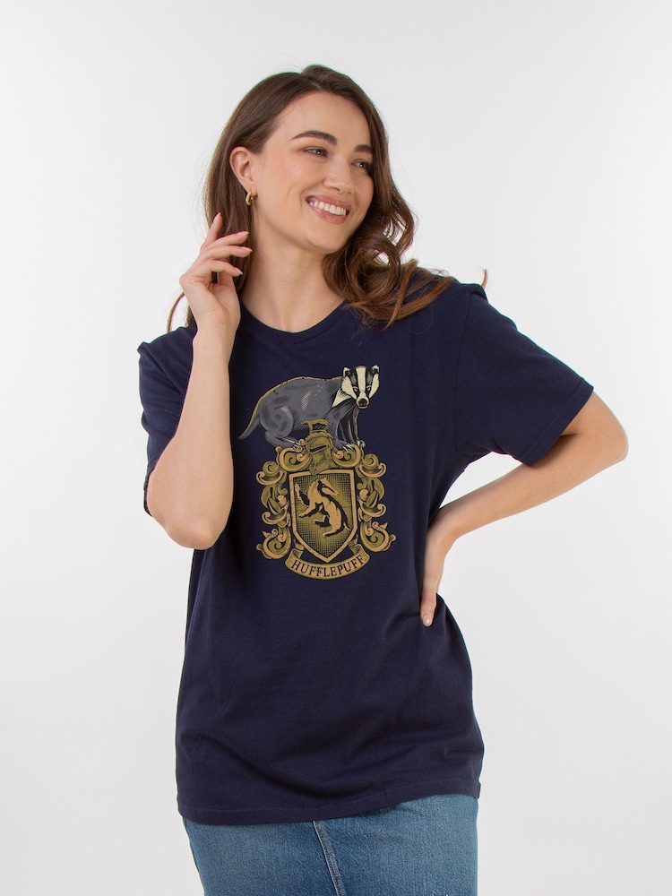 Brands In Blue Women Boyfriend Fit Harry Potter Hufflepuff Sketch Crest 100% Cotton T-Shirt - Image 1 of 3