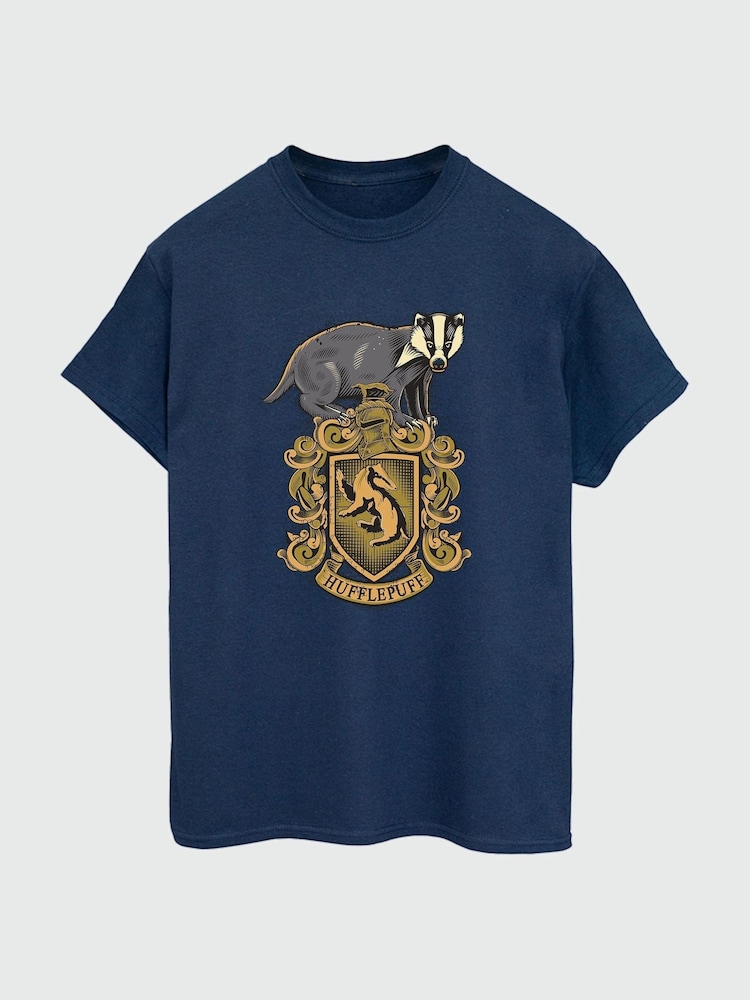 Brands In Blue Women Boyfriend Fit Harry Potter Hufflepuff Sketch Crest 100% Cotton T-Shirt - Image 2 of 3