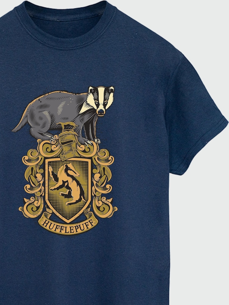 Brands In Blue Women Boyfriend Fit Harry Potter Hufflepuff Sketch Crest 100% Cotton T-Shirt - Image 3 of 3