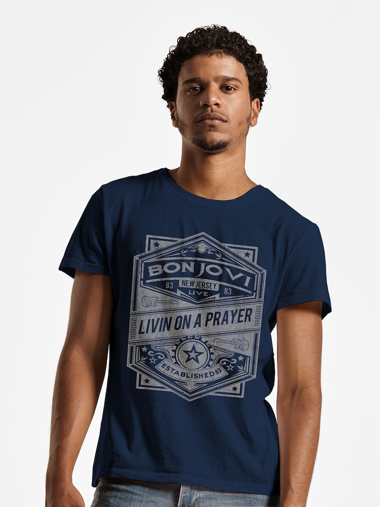 All + Every Blue Mens Bon Jovi Livin On A Prayer Live 83 Music 100% Cotton T-Shirt - Image 1 of 3