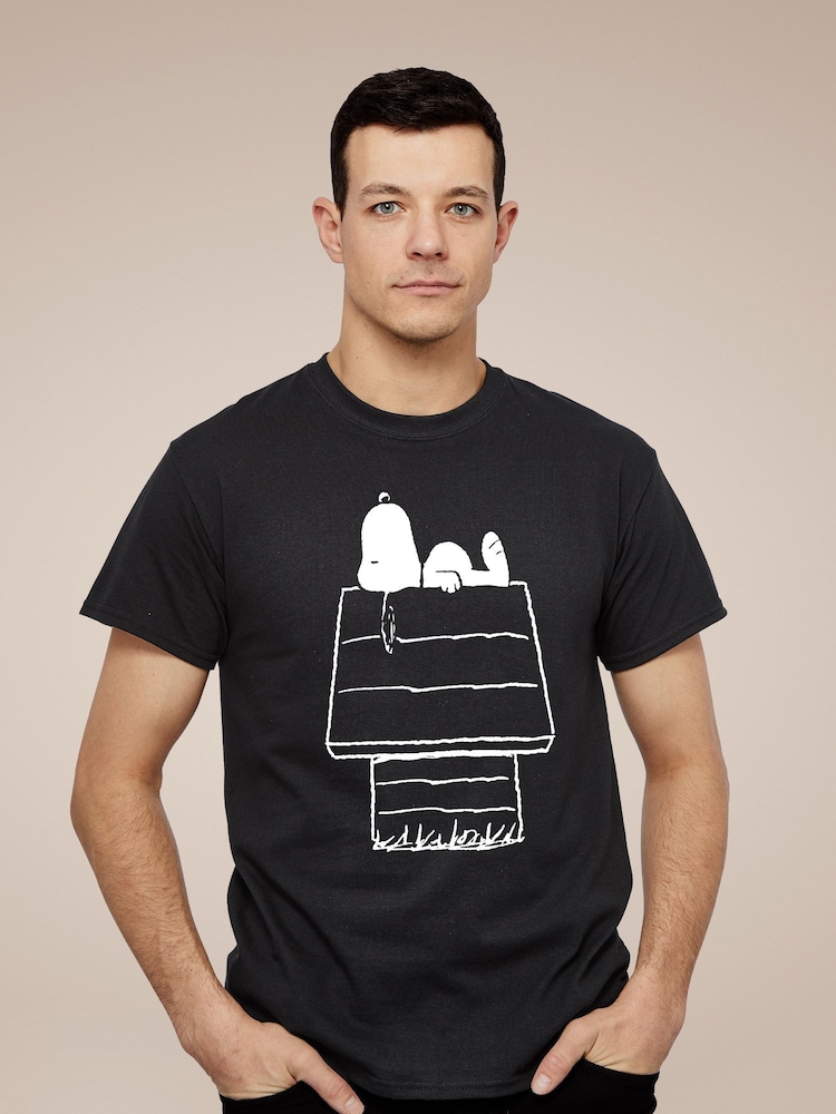 All + Every Black Peanuts SnoopyAnd White Kennel Mens 100% Cotton T-Shirt - Image 1 of 3