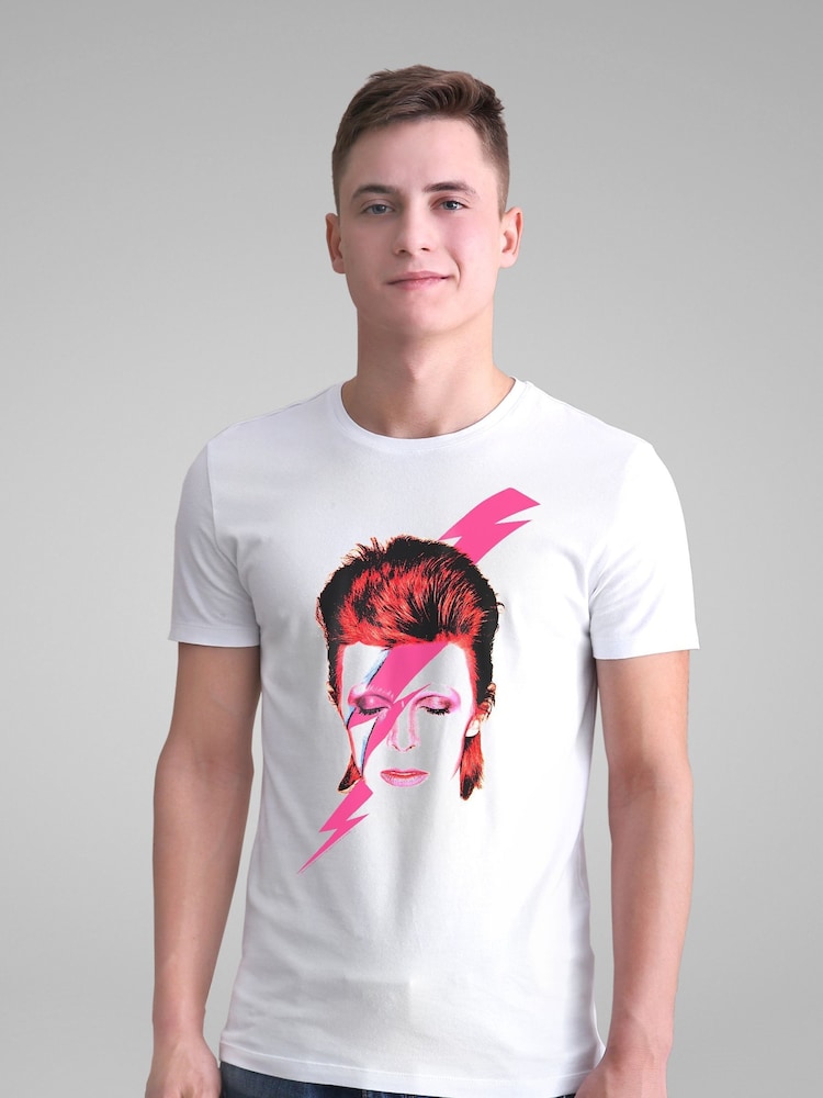 All + Every White David Bowie Aladdin Sane Lightning Bolt Mens 100% Cotton Music T-Shirt - Image 1 of 3