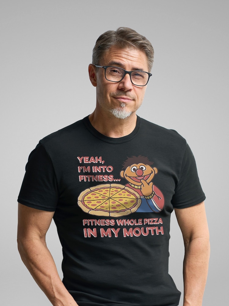 All + Every Black Sesame Street Fitness Pizza Mens 100% Cotton T-Shirt - Image 1 of 3